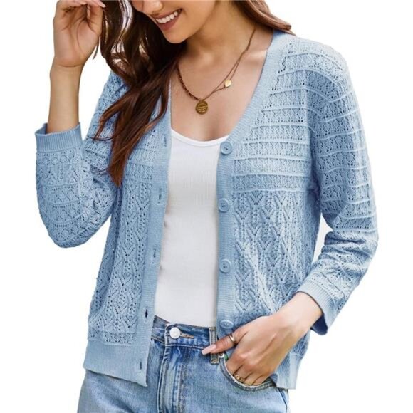 Women's 3/4 Sleeve Crochet Knit Button Down Cardigan Blue - Picture 1 of 6